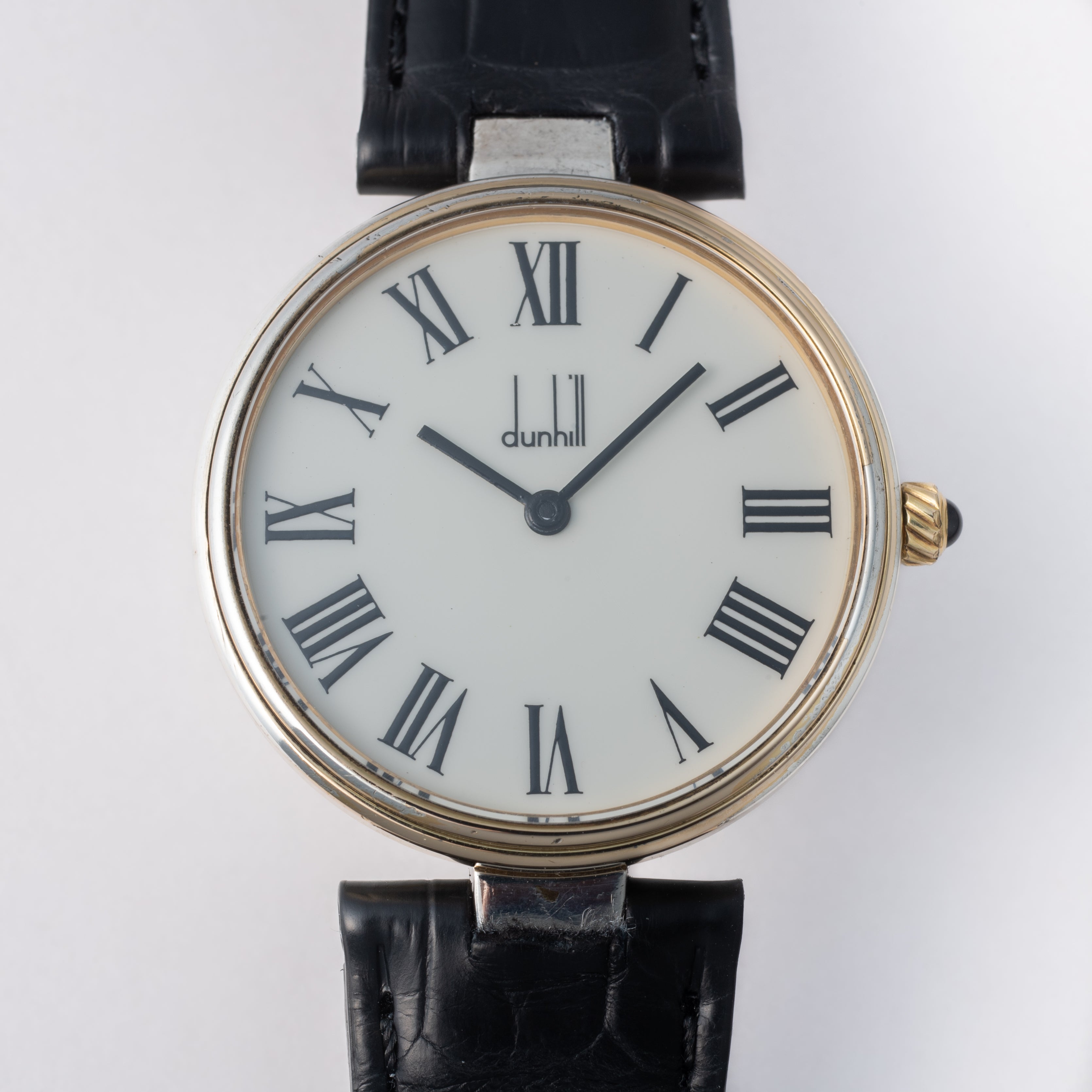 ダンヒル 銀無垢ケース 1980年代 クロノメーター ホワイトローマンダイヤル 純正尾錠付き