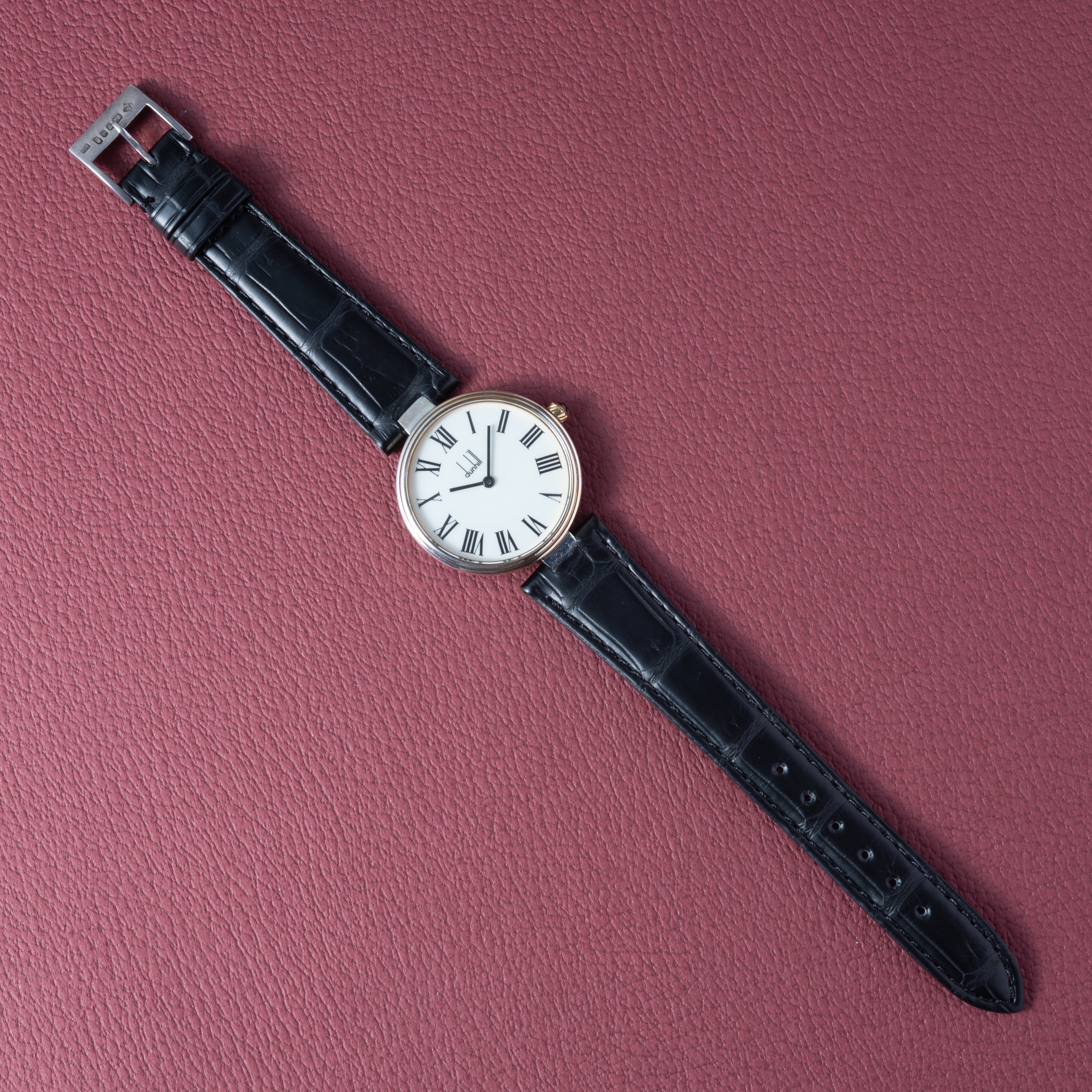 ダンヒル 銀無垢ケース 1980年代 クロノメーター ホワイトローマンダイヤル 純正尾錠付き