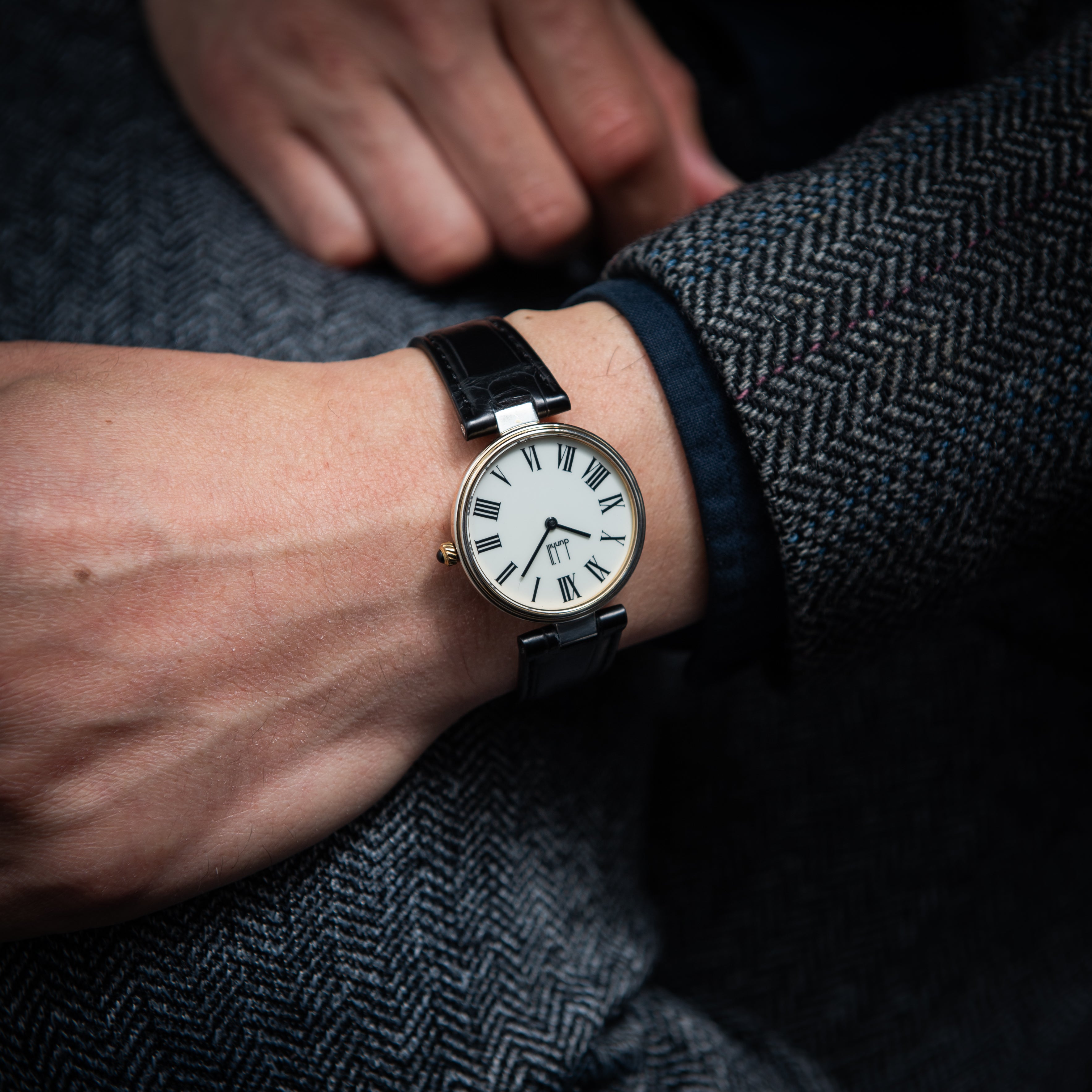 ダンヒル 銀無垢ケース 1980年代 クロノメーター ホワイトローマンダイヤル 純正尾錠付き