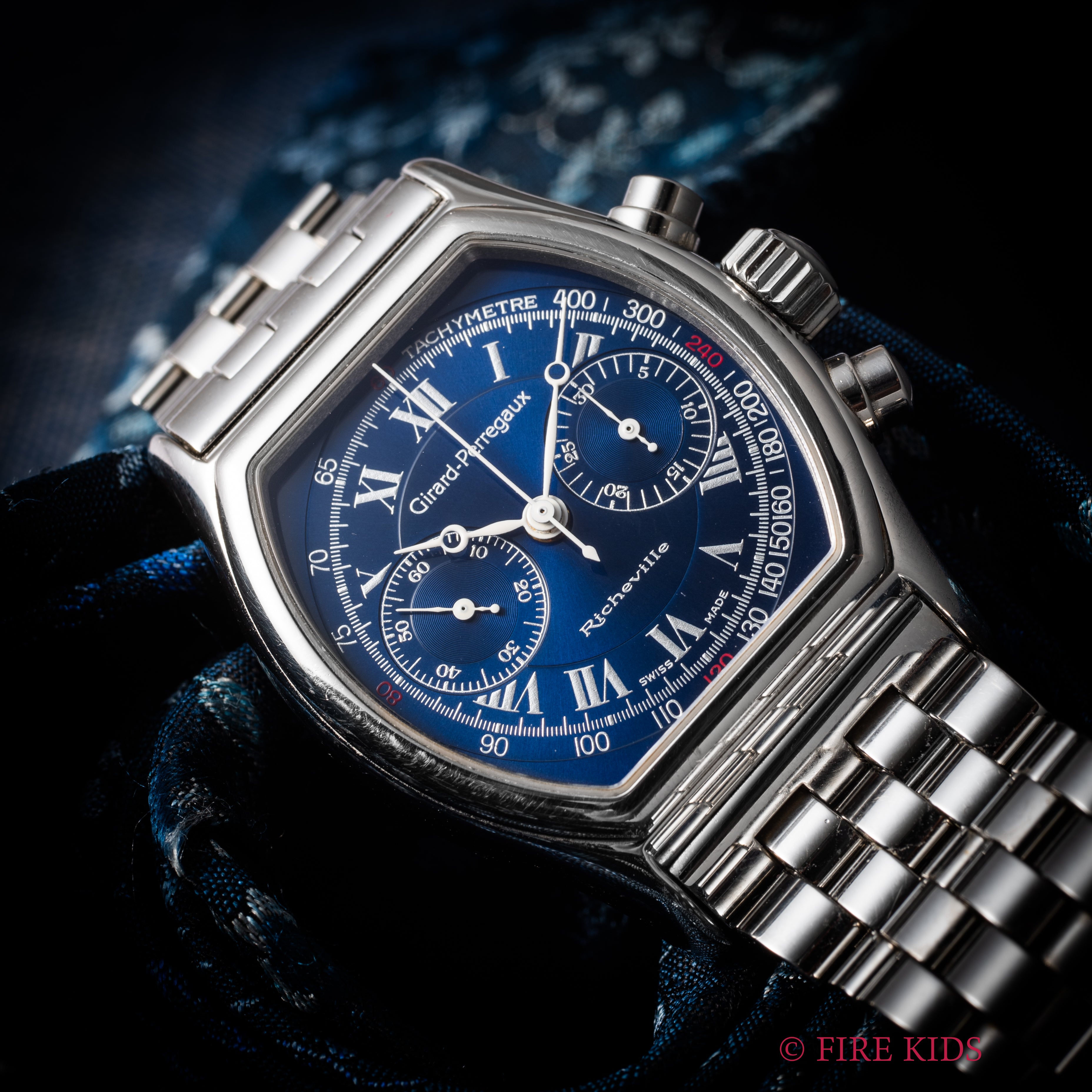 ジラール・ペルゴー リシュビル 1990年代製 Ref.2710 ブルーローマンダイヤル 手巻クロノグラフ 箱ギャラ、革ベルト尾錠付