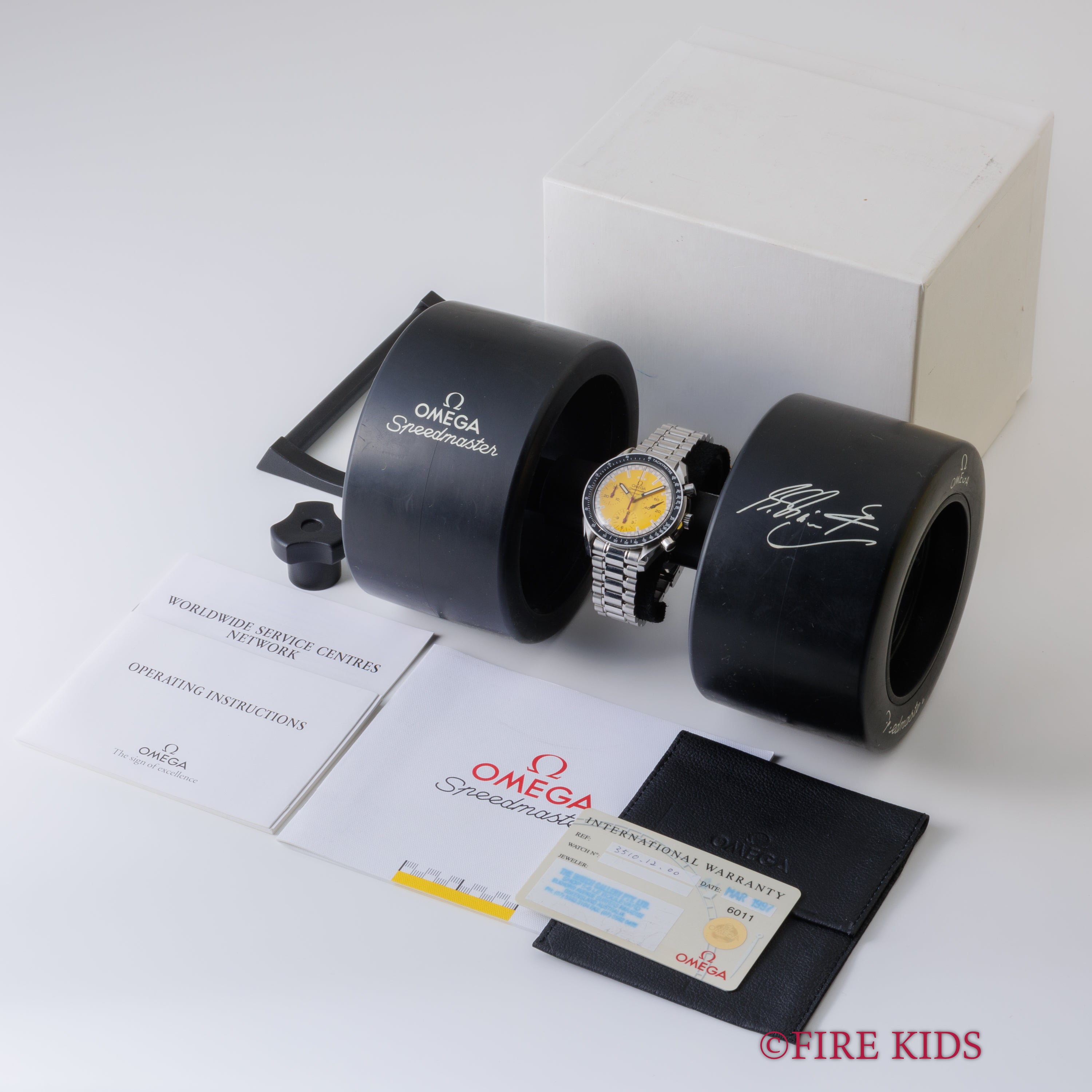 オメガ スピードマスター レーシング 1996年~1998年製 シューマッハ Ref.3510.12 イエローダイヤル 箱、ギャラ付き