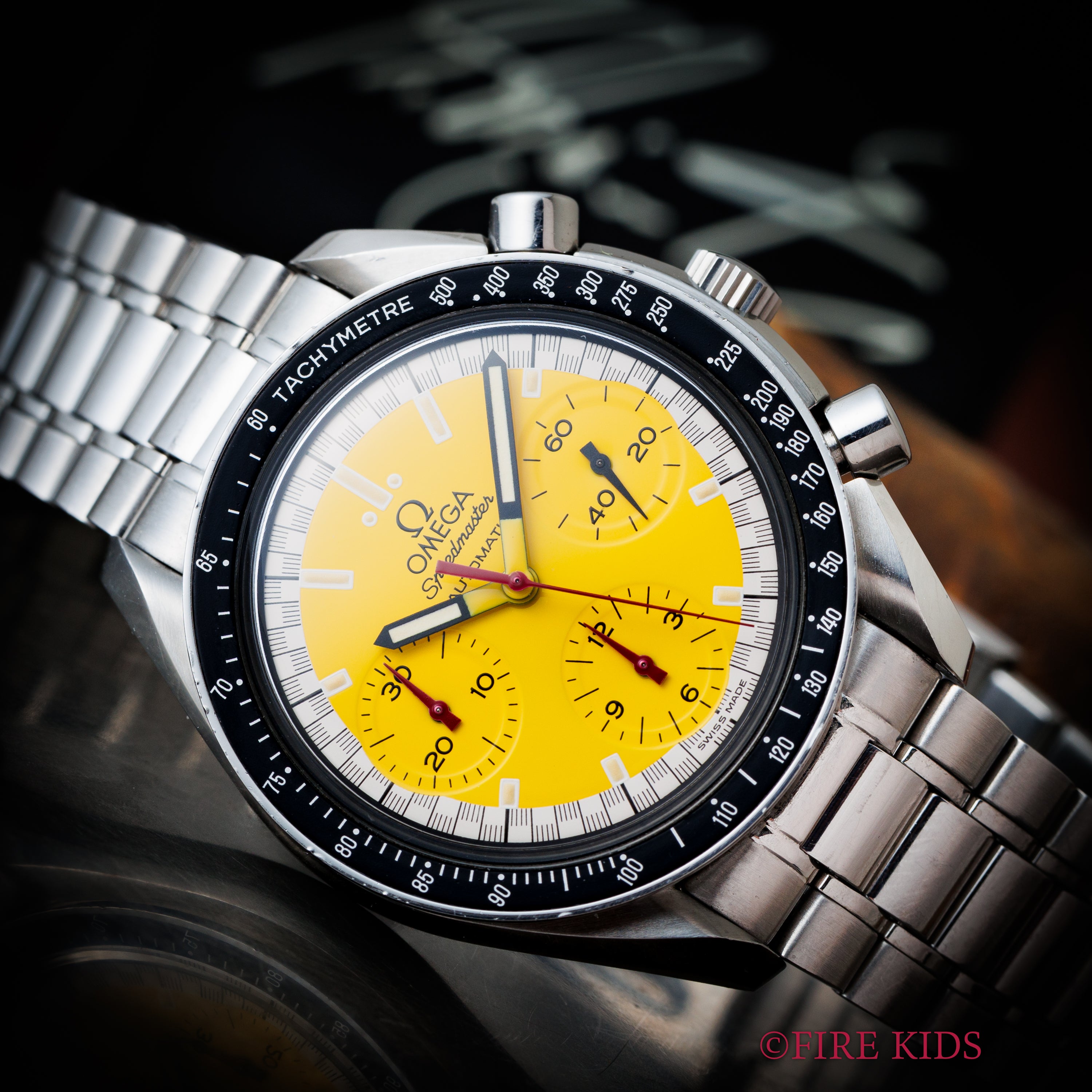 オメガ スピードマスター レーシング 1996年~1998年製 シューマッハ Ref.3510.12 イエローダイヤル 箱、ギャラ付き