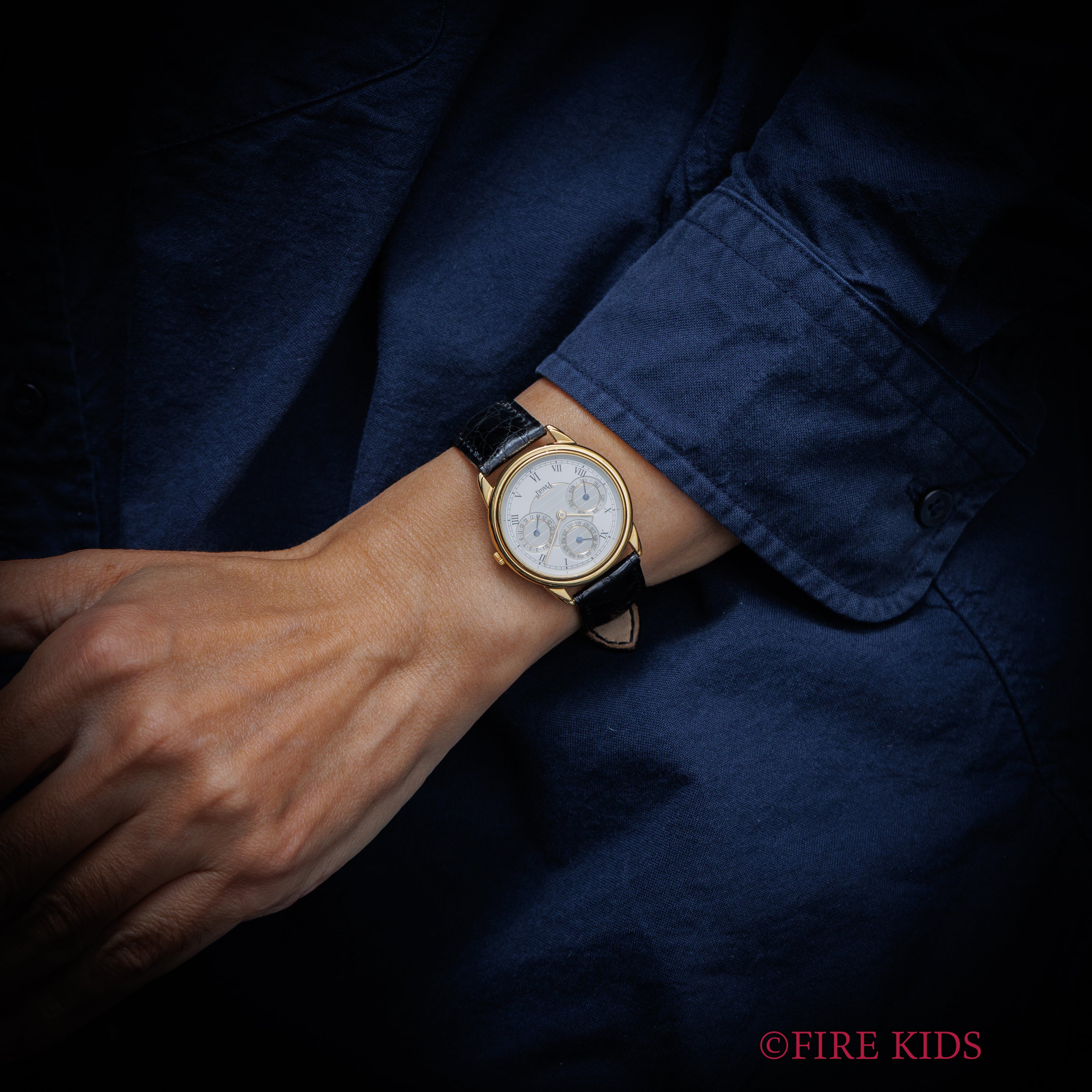 ピアジェ グベナー 18金無垢 トリプルカレンダー 1990年代製 自動巻き Cal.8535 Ref.15959 N.O.S 箱、ギャラ、タグ、尾錠、革ベルト付