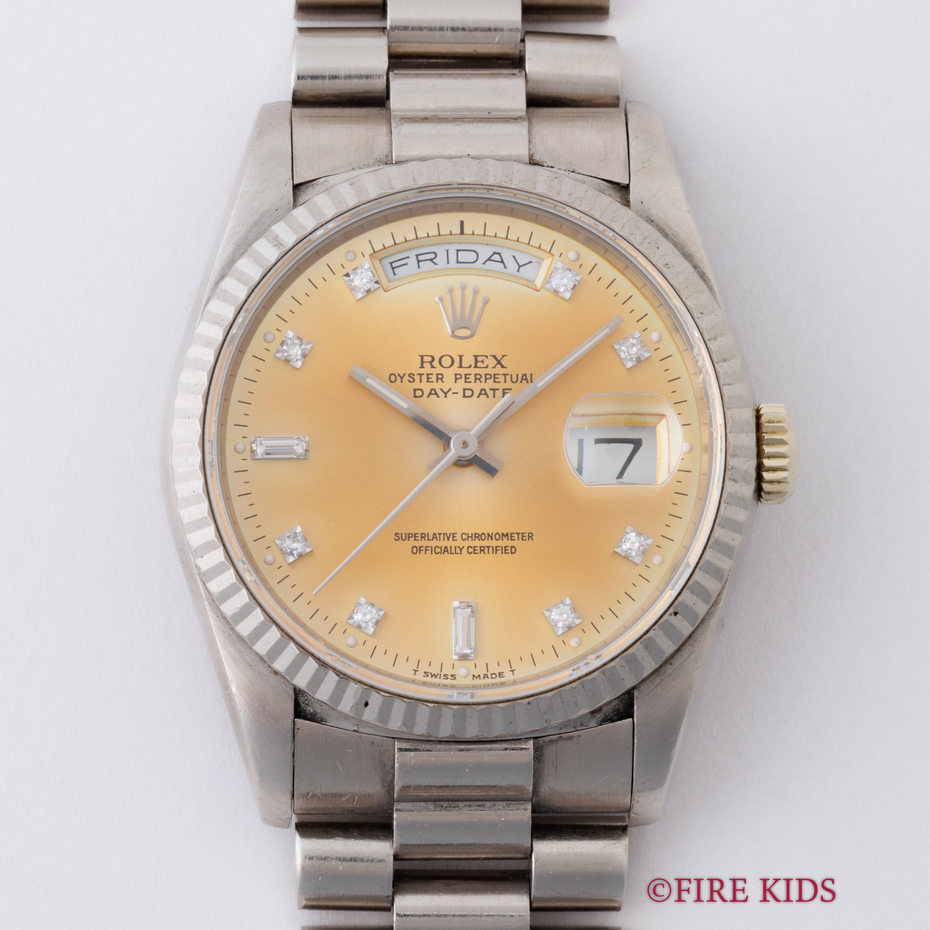 ロレックス デイデイト 1989~90年製 Ref.18239G 18金無垢ホワイトゴールド パティーナダイヤル 10Pダイヤ 純正ブレス