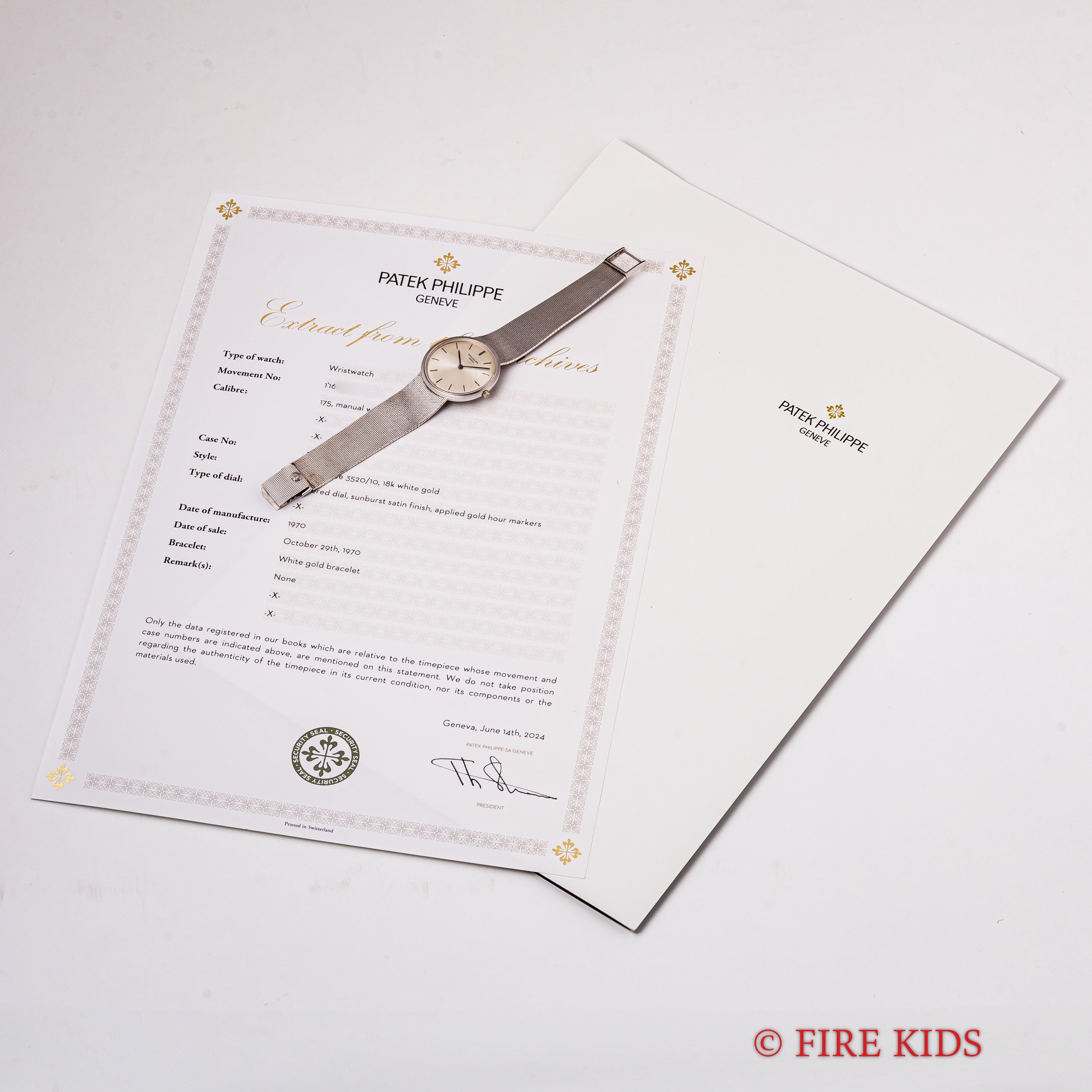 パテック・フィリップ カラトラバ 1970年製(昭和45年製)Ref.3520 10 18KWG 純正ブレス アーカイブ付き