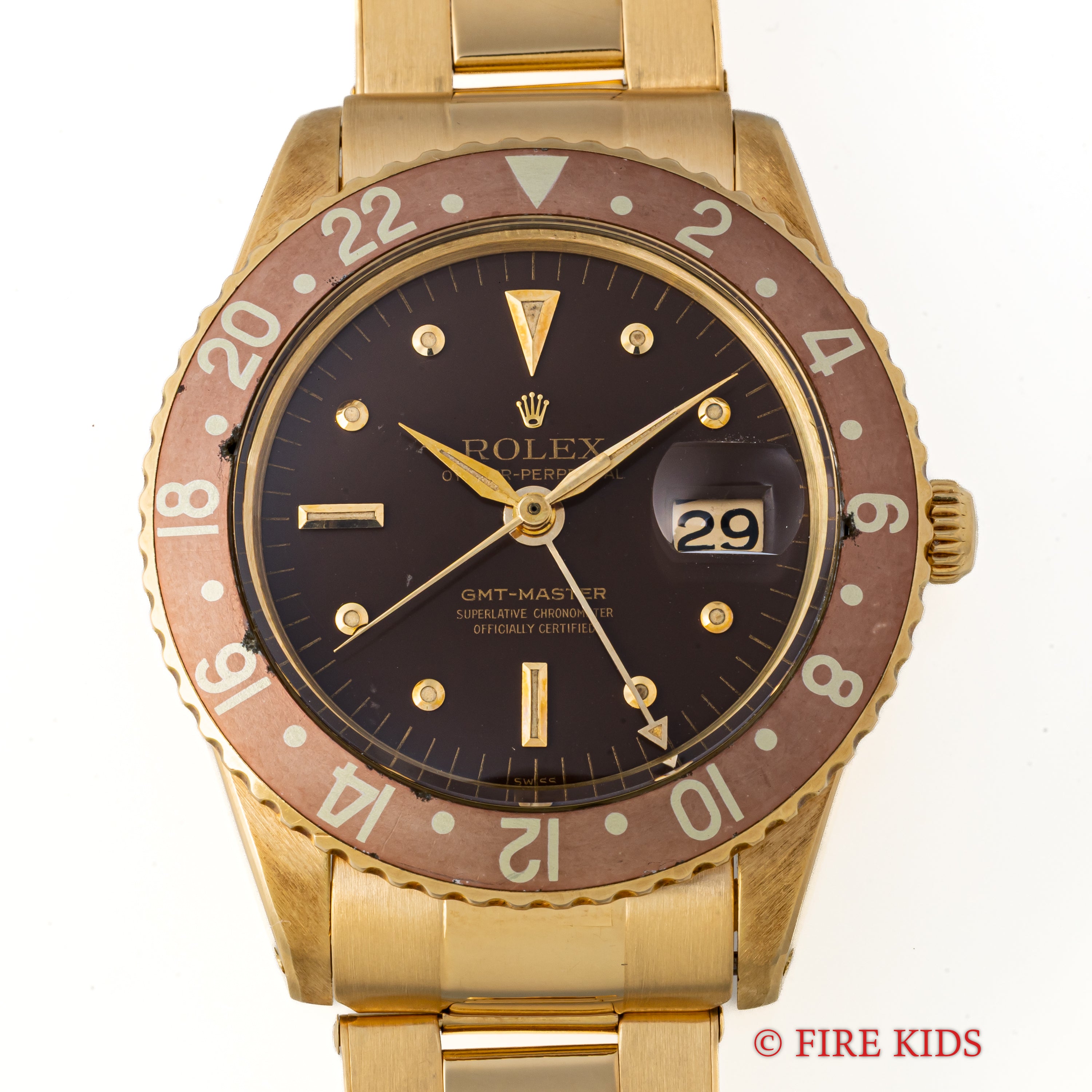 ロレックス 18金無垢GMTマスター Ref.1675 1964年製 ガードレス 茶ツボ アルファハンド 純正金無垢リベットブレス