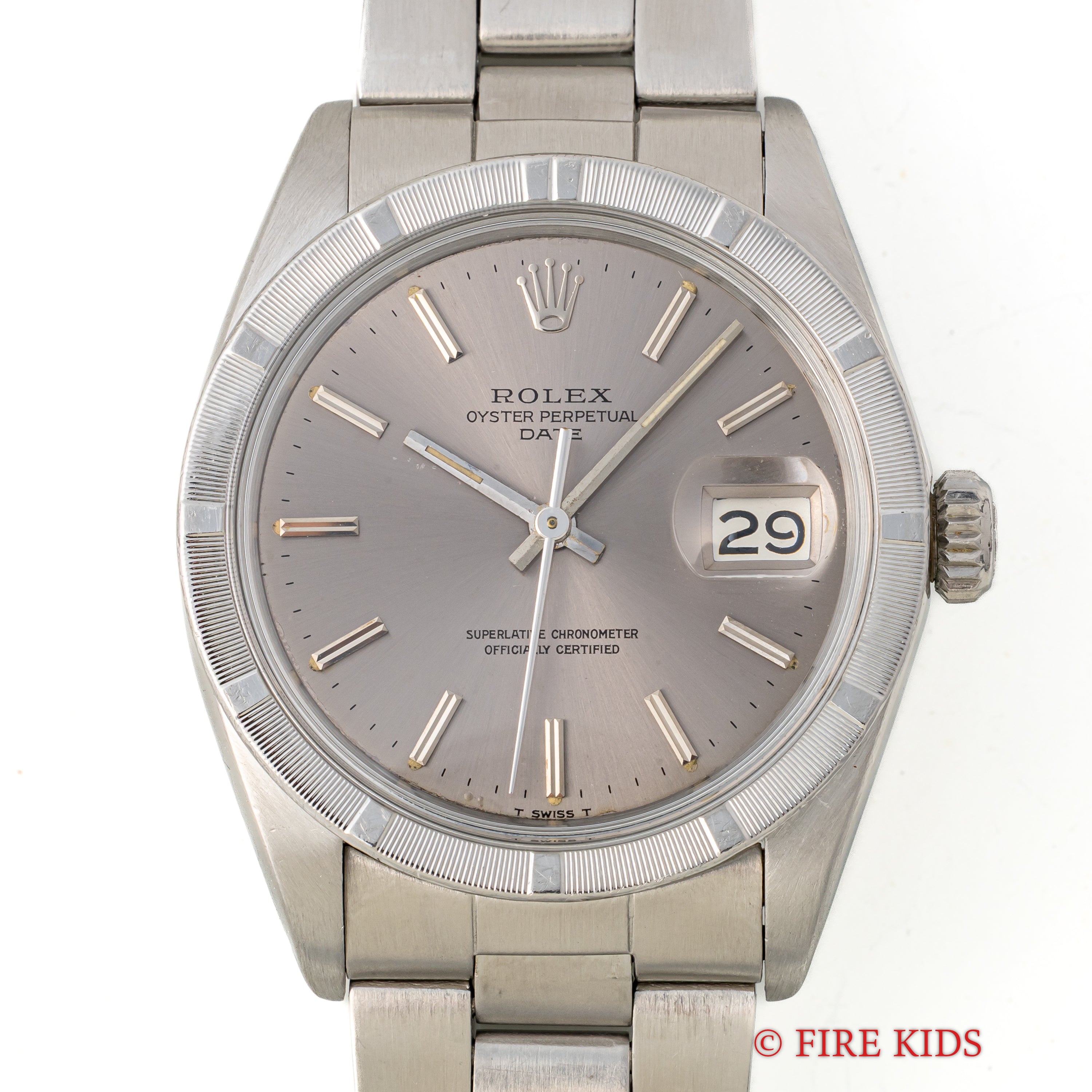 ロレックス オイスターパーペチュアルデイト 1971年製 パープルグレーダイヤル エンジンターンドベゼル Ref.1501 純正ブレス付き