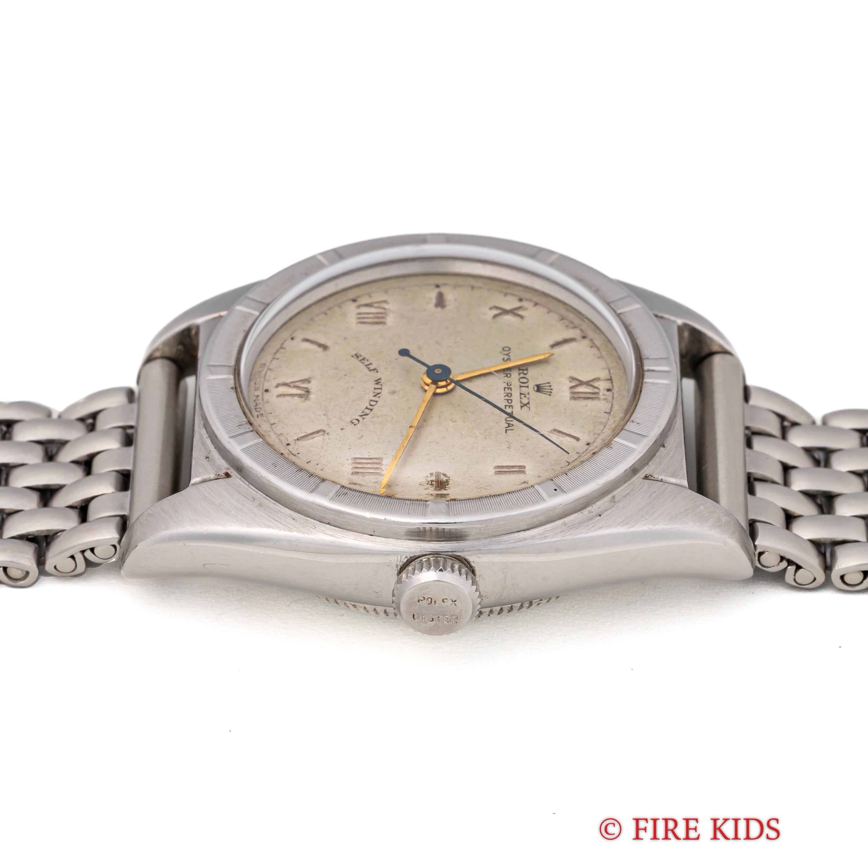 ロレックス バブルバック 1949年製 Ref.6015 自動巻 エンジンターンドベゼル 飛びローマンダイヤル 社外ライスブレス