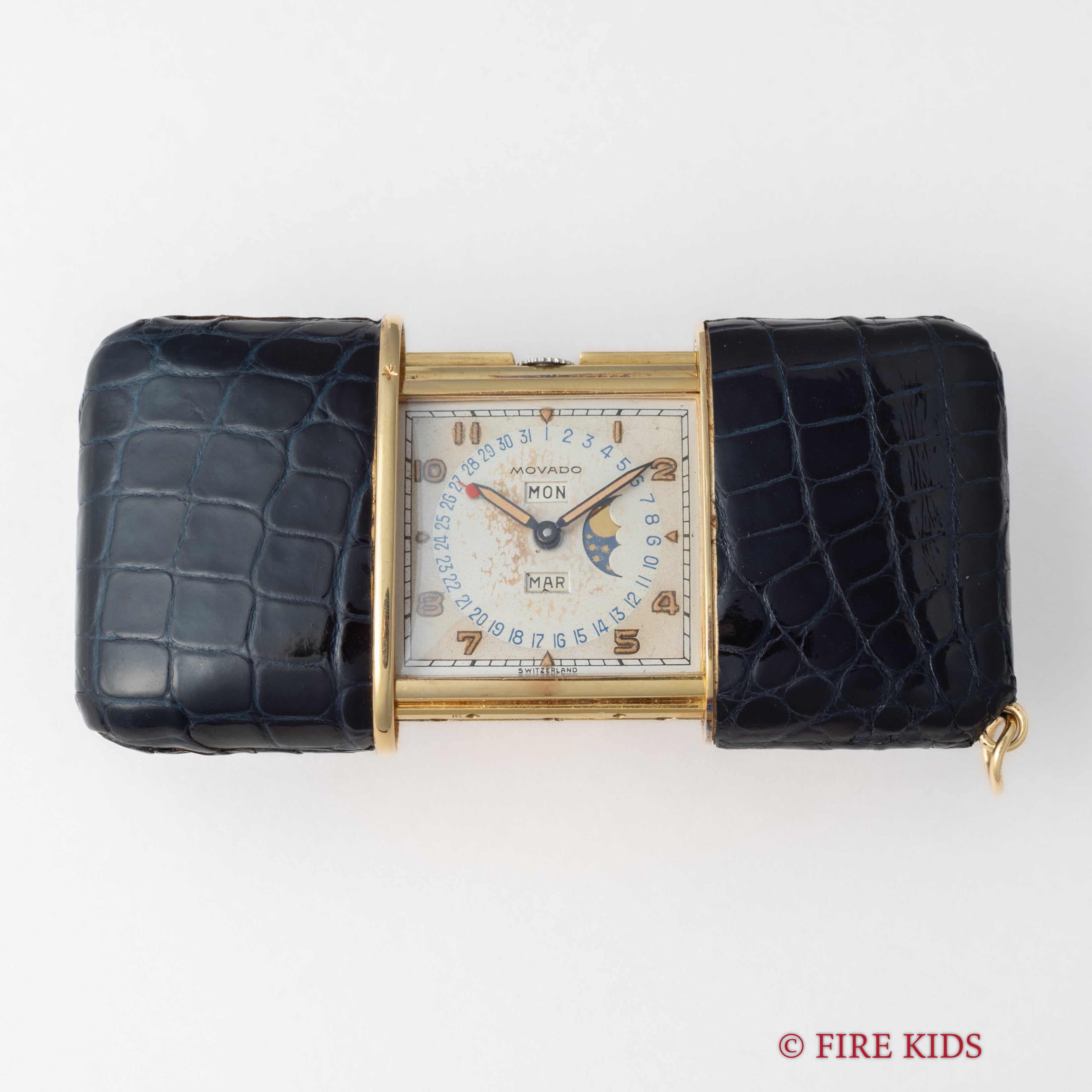 モバード カレンドエルメト トリプルカレンダームーンフェイズ 革巻き トラベルウォッチ 半自動手巻き 1940年代製