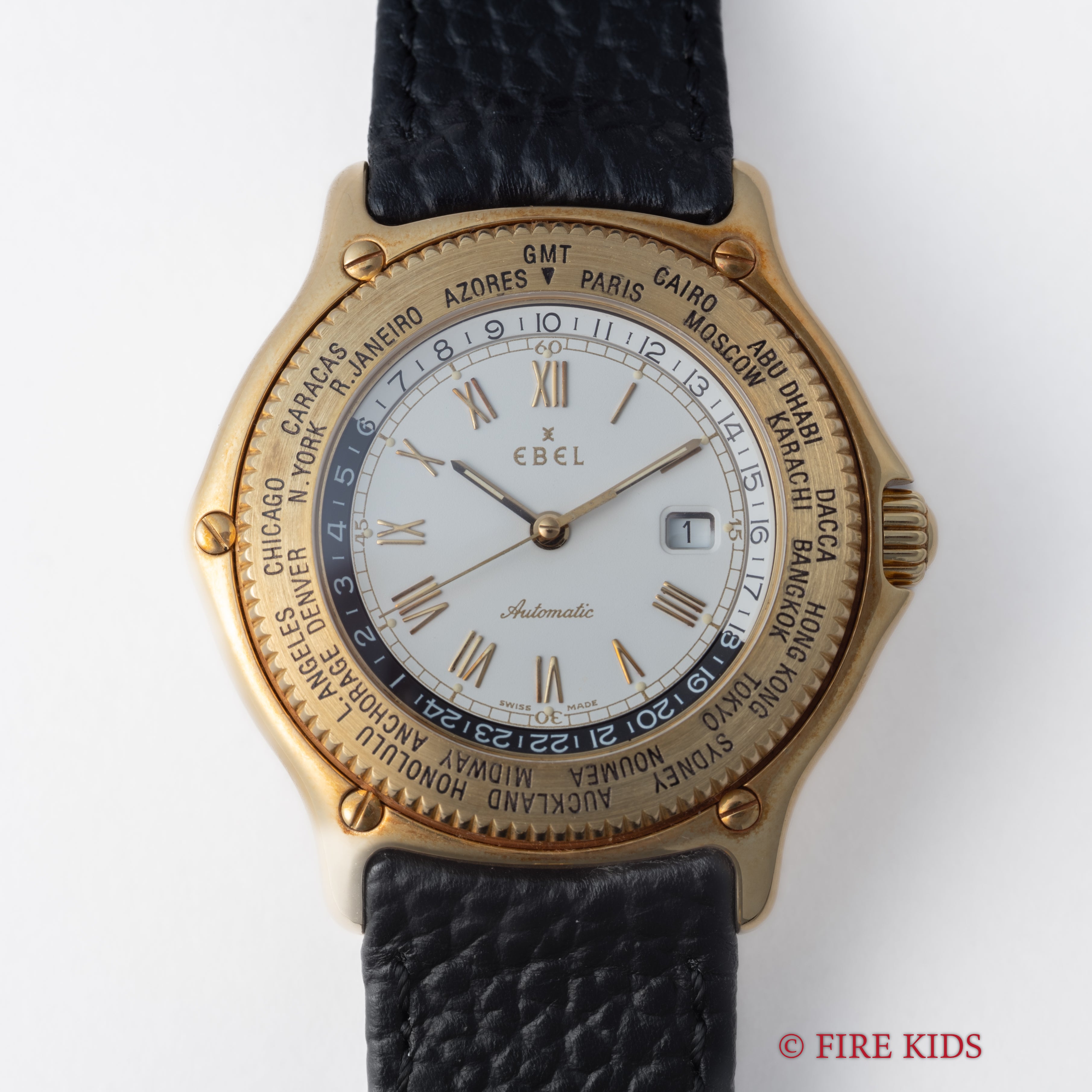 エベル ボイジャー ワールドタイム 自動巻 18金無垢 1993年発行ギャラ付 純正金無垢Dバックル付