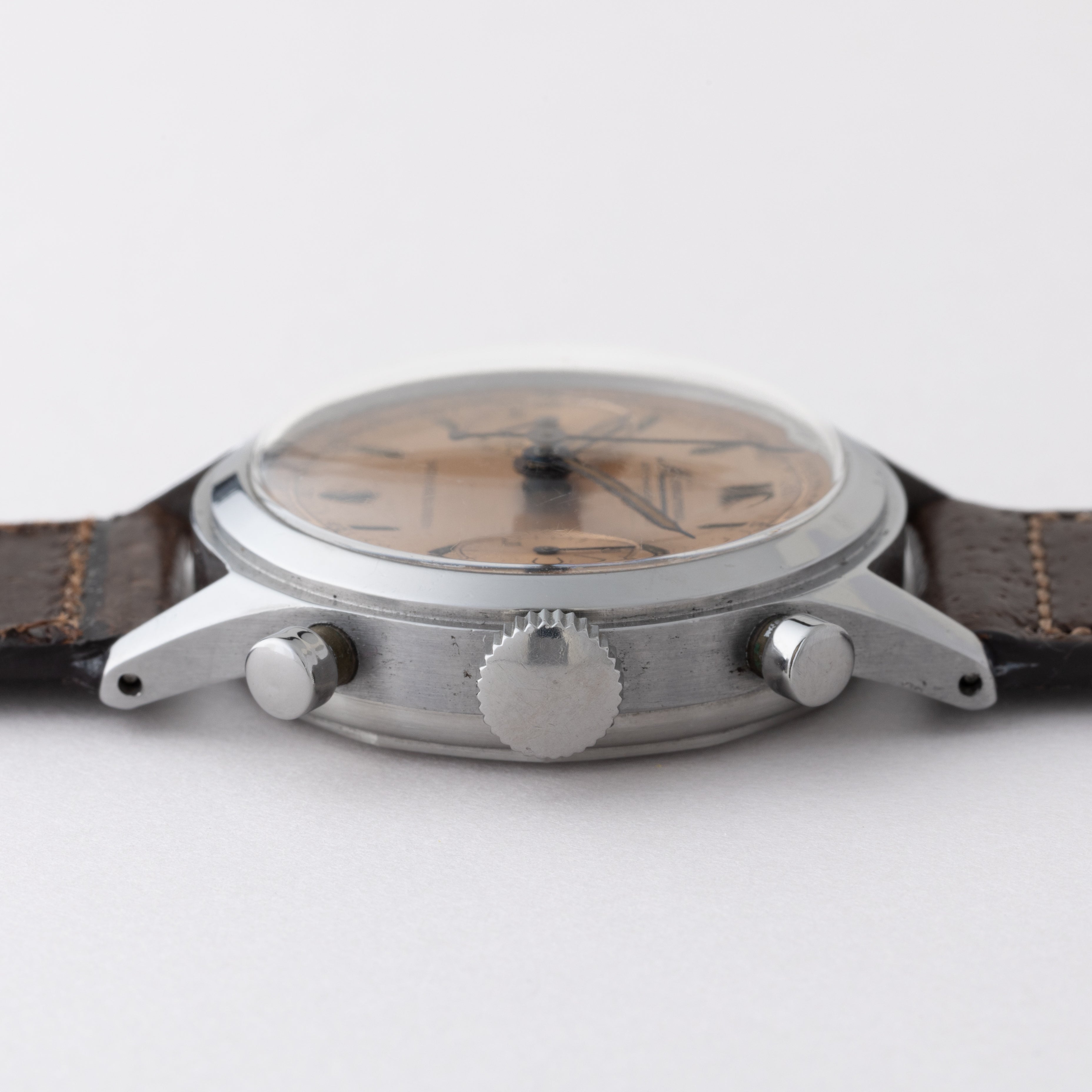 ミネルバ 2レジスタークロノグラフ 1950年代製 Cal.13‐20CH サーモンピンクダイヤル 別作スケルトン裏蓋