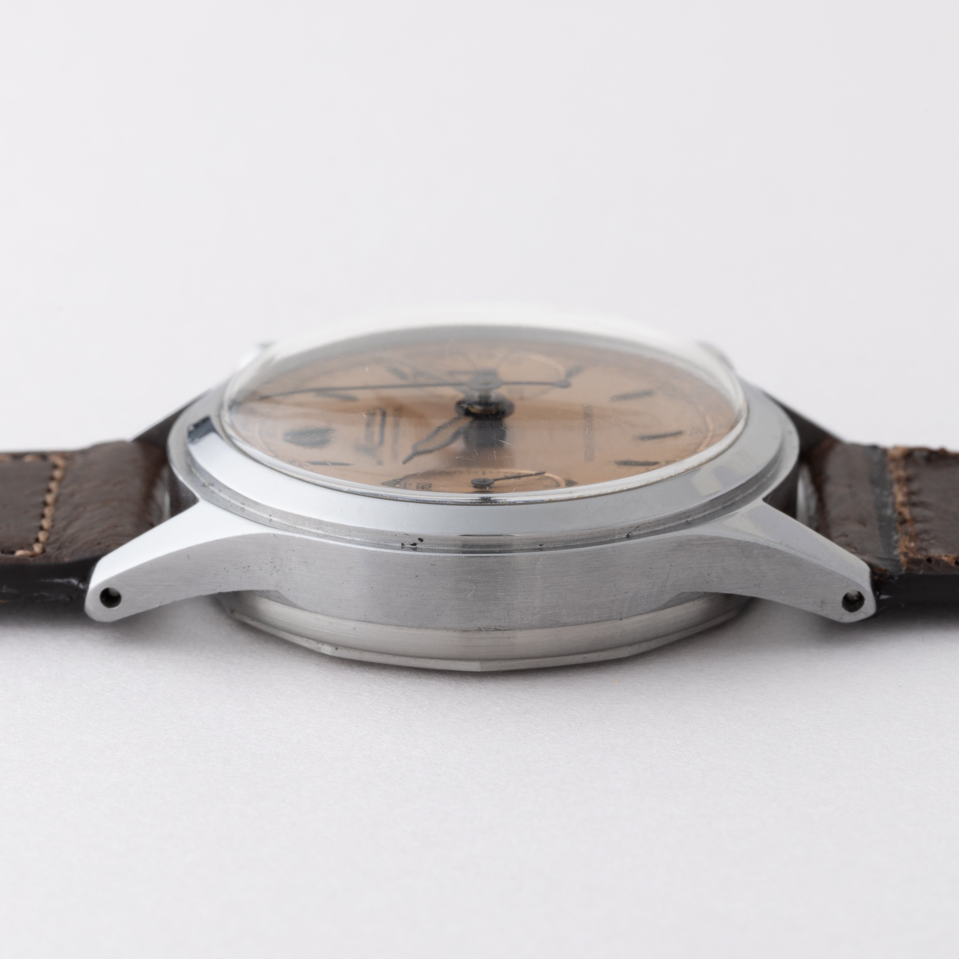 ミネルバ 2レジスタークロノグラフ 1950年代製 Cal.13‐20CH サーモンピンクダイヤル 別作スケルトン裏蓋