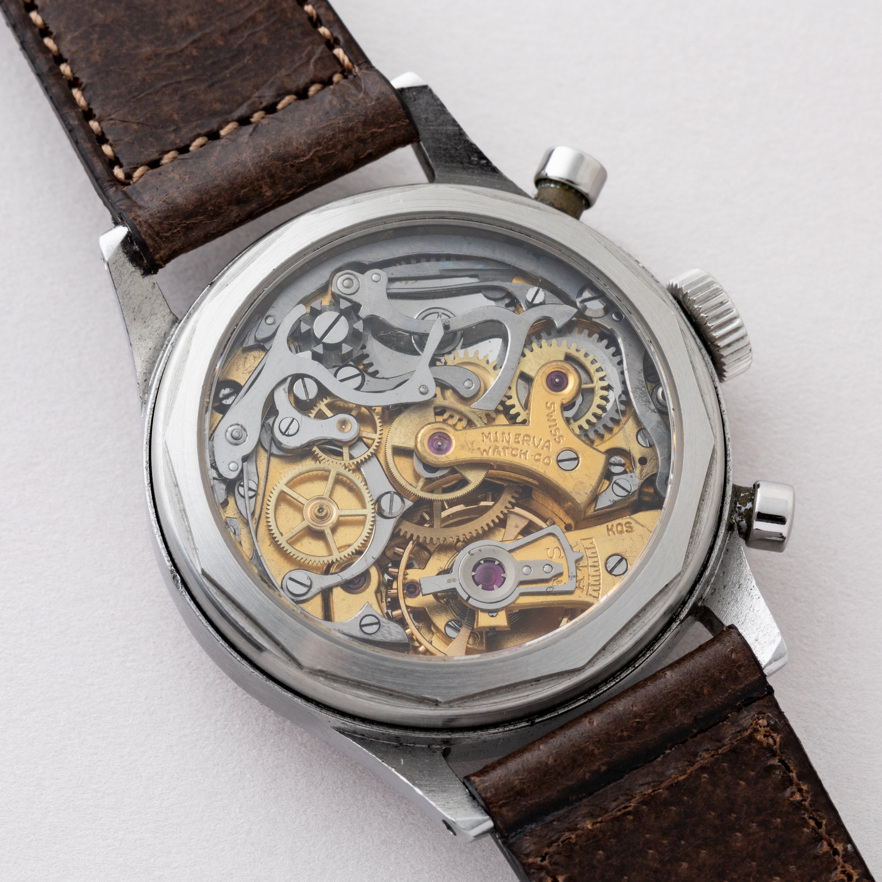 ミネルバ 2レジスタークロノグラフ 1950年代製 Cal.13‐20CH サーモンピンクダイヤル 別作スケルトン裏蓋