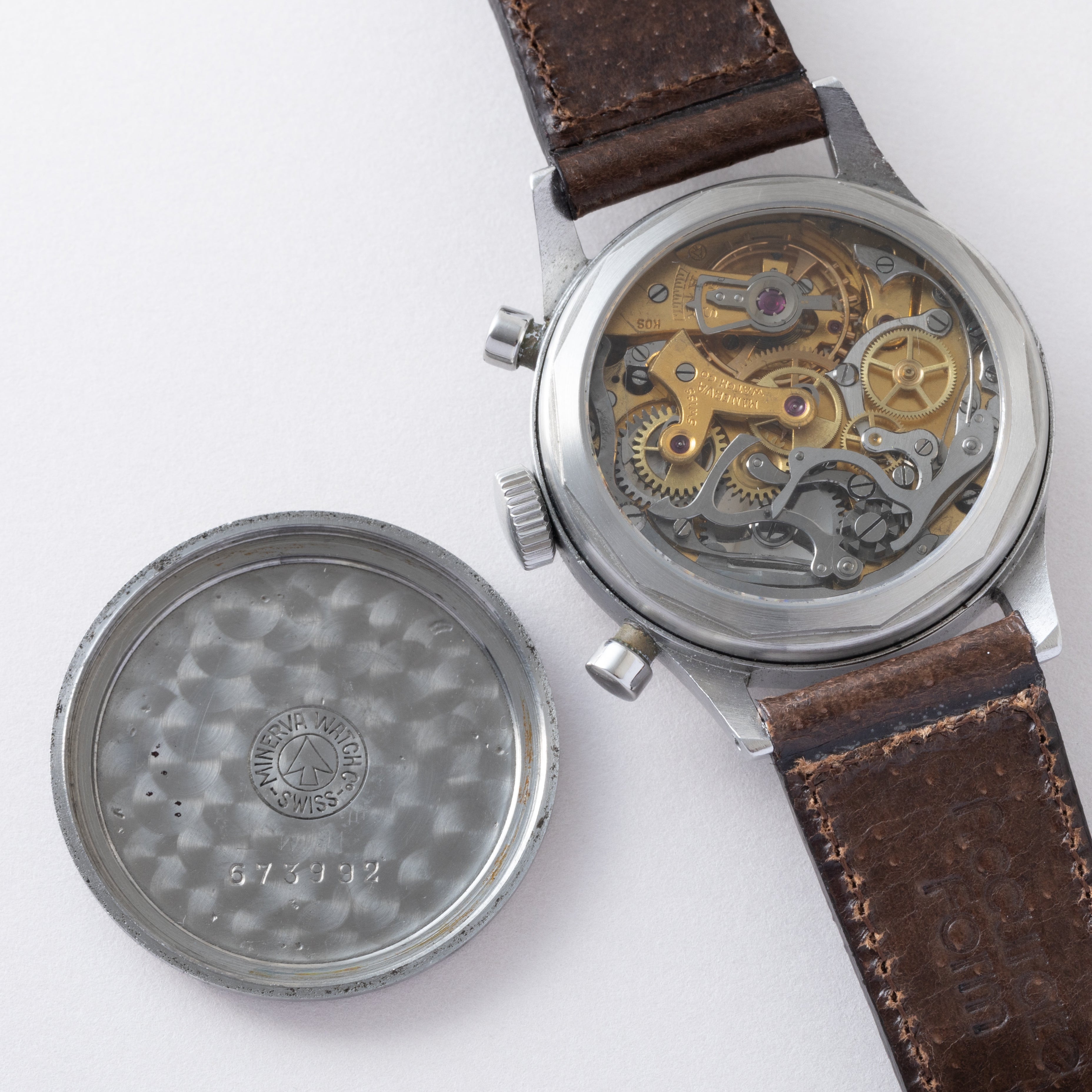 ミネルバ 2レジスタークロノグラフ 1950年代製 Cal.13‐20CH サーモンピンクダイヤル 別作スケルトン裏蓋