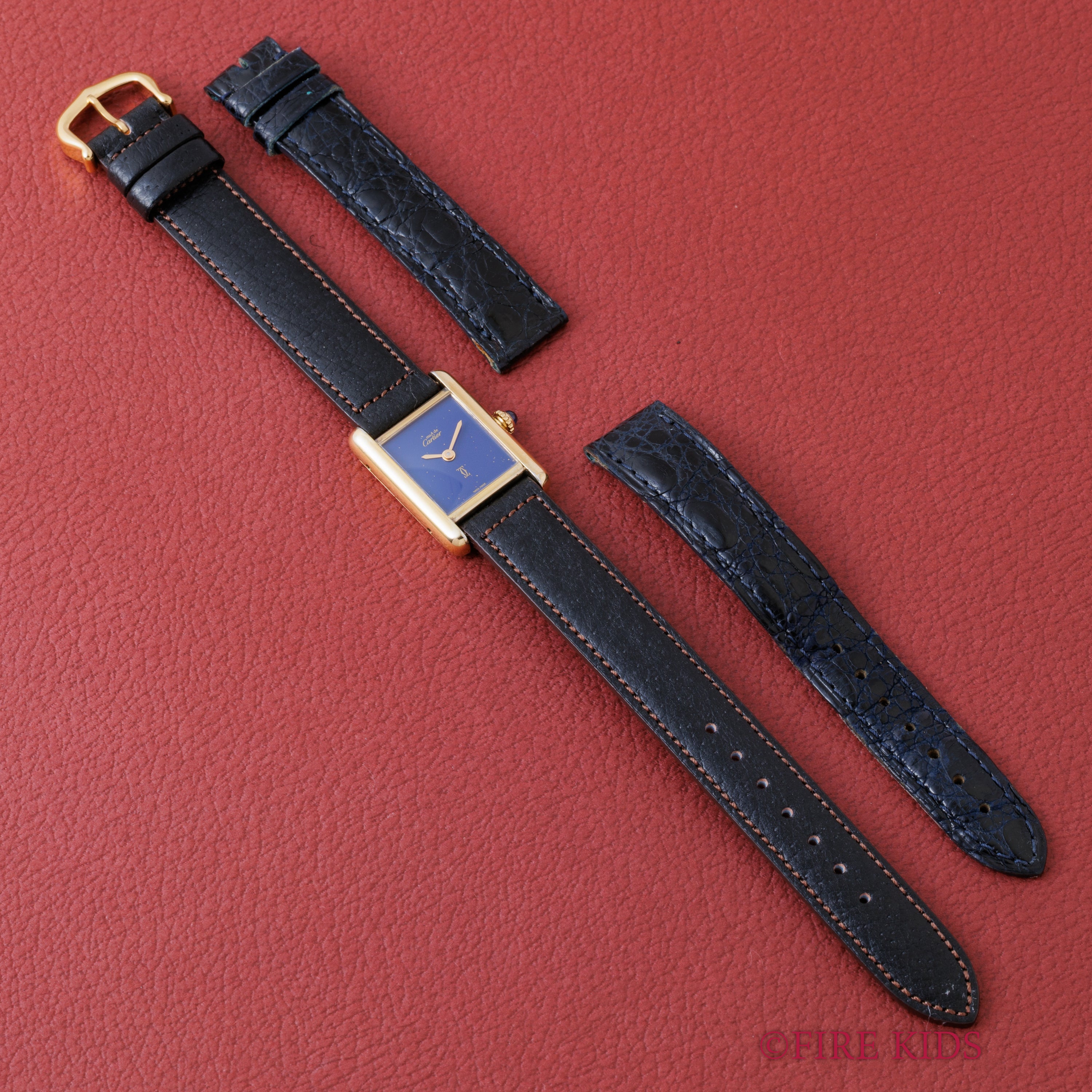 カルティエ マストタンク 1980年代製 SMサイズ 手巻き ラピスブルーダイヤル 純正尾錠付き 箱、中古純正革ベルト付き