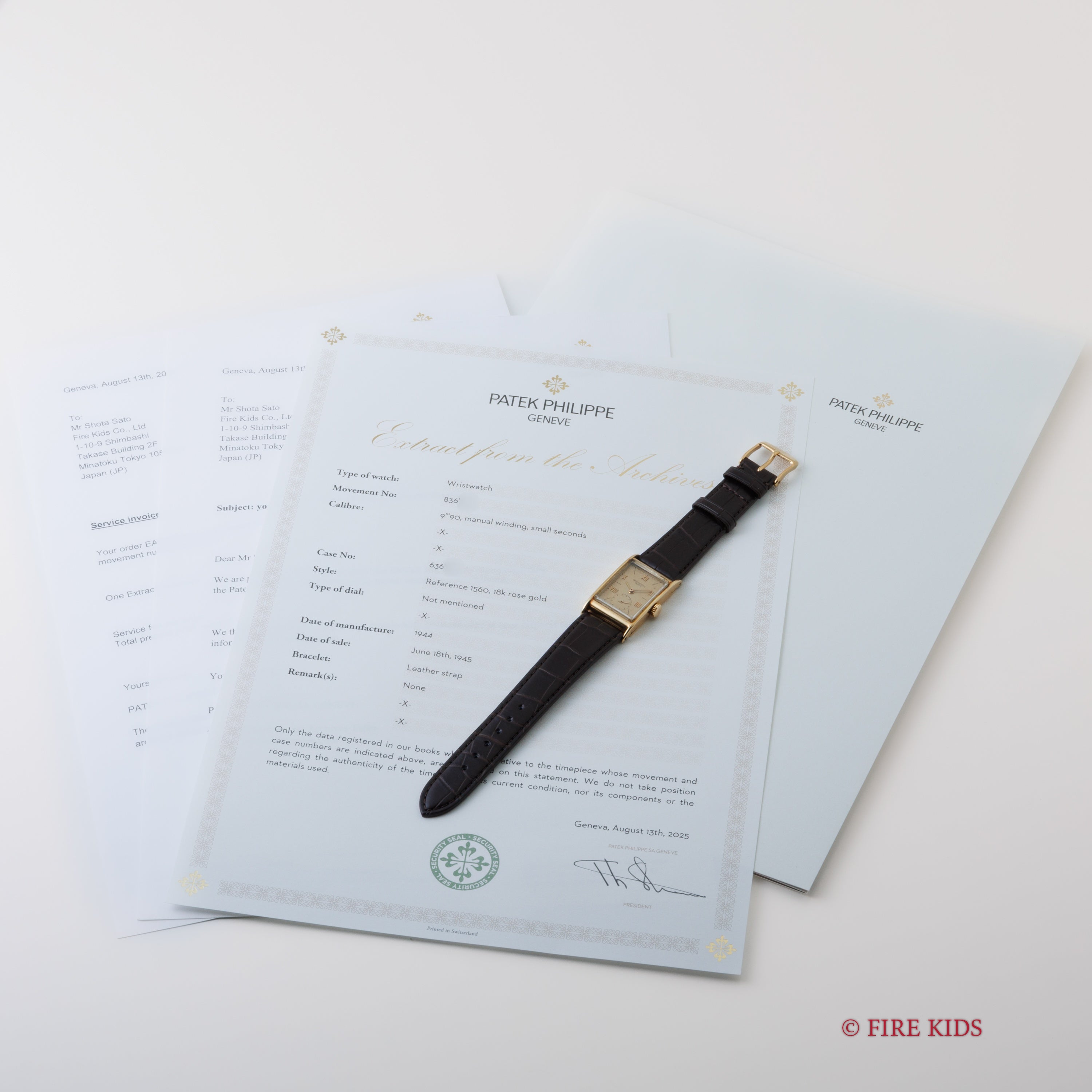 パテック・フィリップ レクタンギュラーケース 1944年製 Ref.1560 Cal.9‐90 手巻 18金無垢RG アーカイブ付き