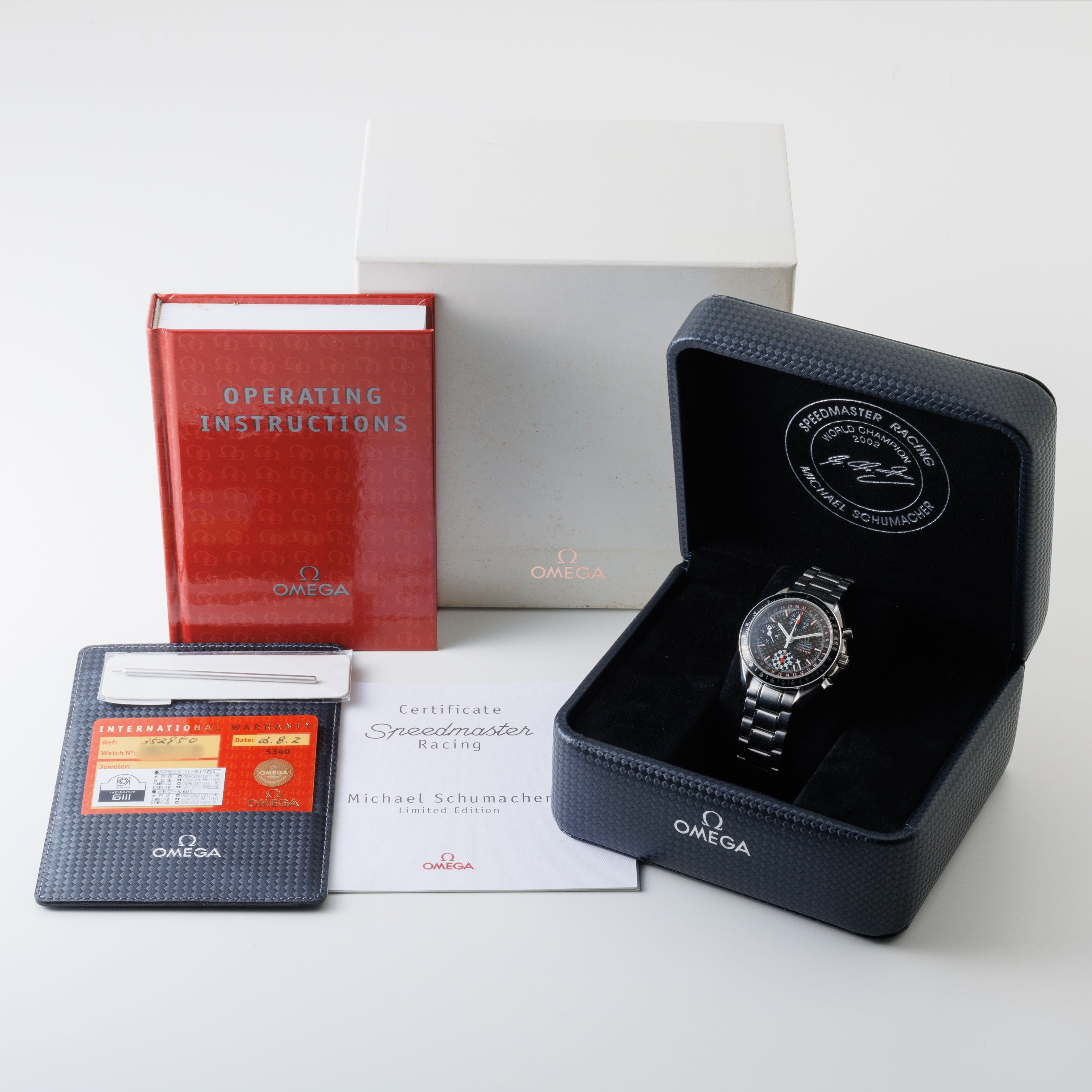 オメガ スピードマスター レーシング 2002年製 Ref.3529.50 シューマッハ 5555本限定 箱、ギャラ付き