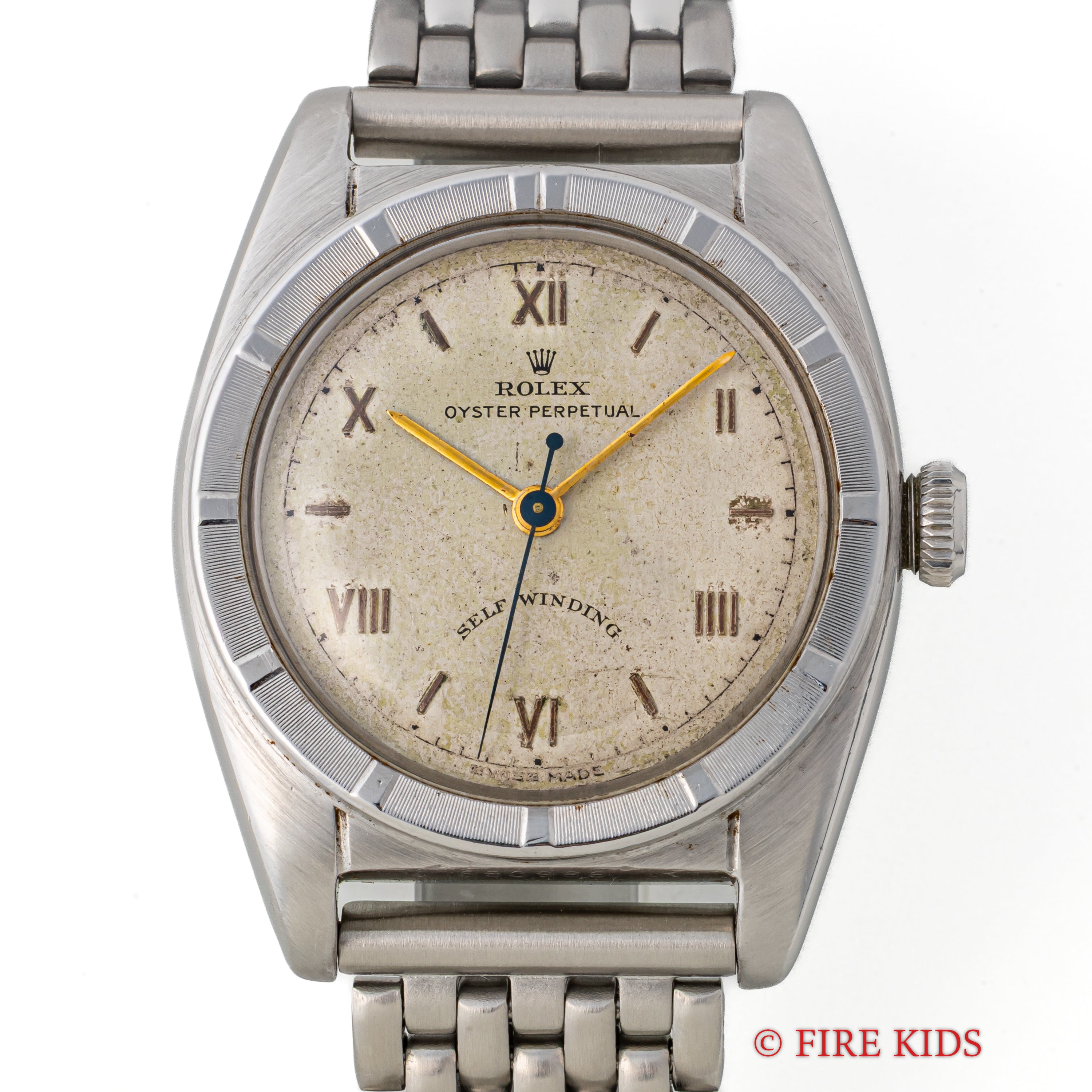 ロレックス バブルバック 1949年製 Ref.6015 自動巻 エンジンターンドベゼル 飛びローマンダイヤル 社外ライスブレス