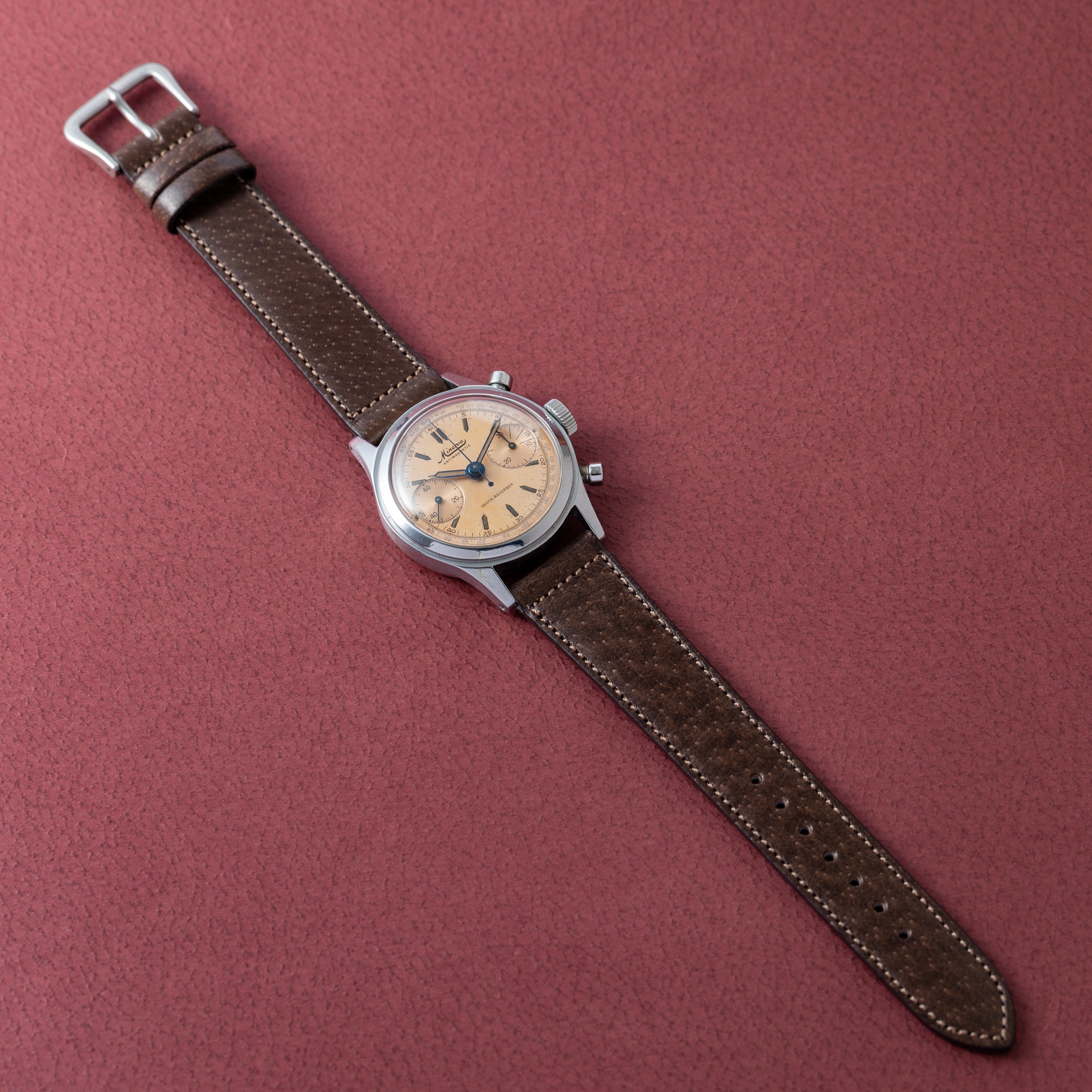 ミネルバ 2レジスタークロノグラフ 1950年代製 Cal.13‐20CH サーモンピンクダイヤル 別作スケルトン裏蓋